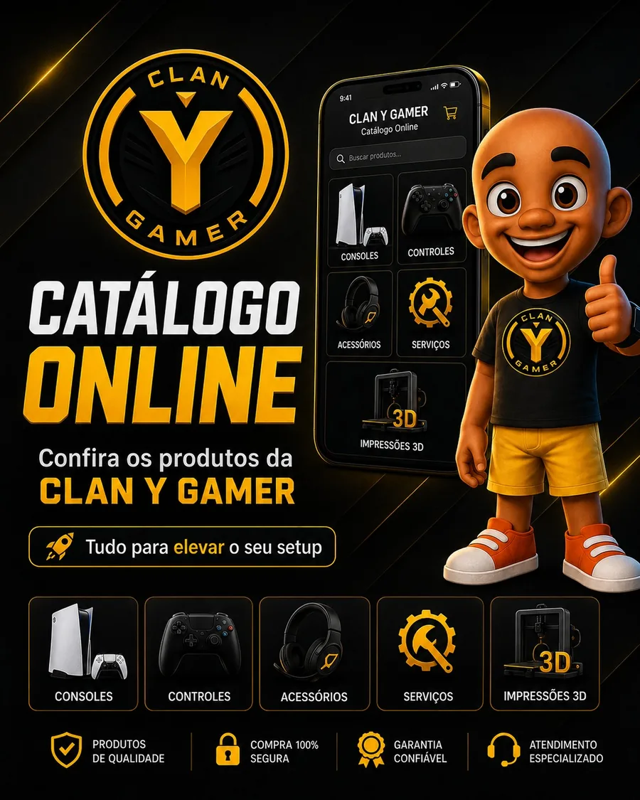 Arte de divulgação do catálogo online da CLAN Y GAMER com as categorias consoles, controles, acessórios, serviços e impressões 3D.