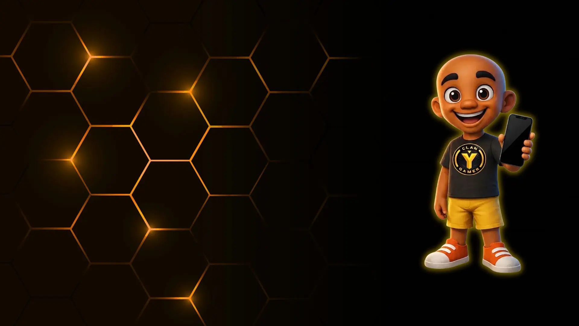 Mascote 3D da CLAN Y GAMER apresentando um smartphone, simbolizando a assistência técnica especializada em produtos Samsung em Manaus.