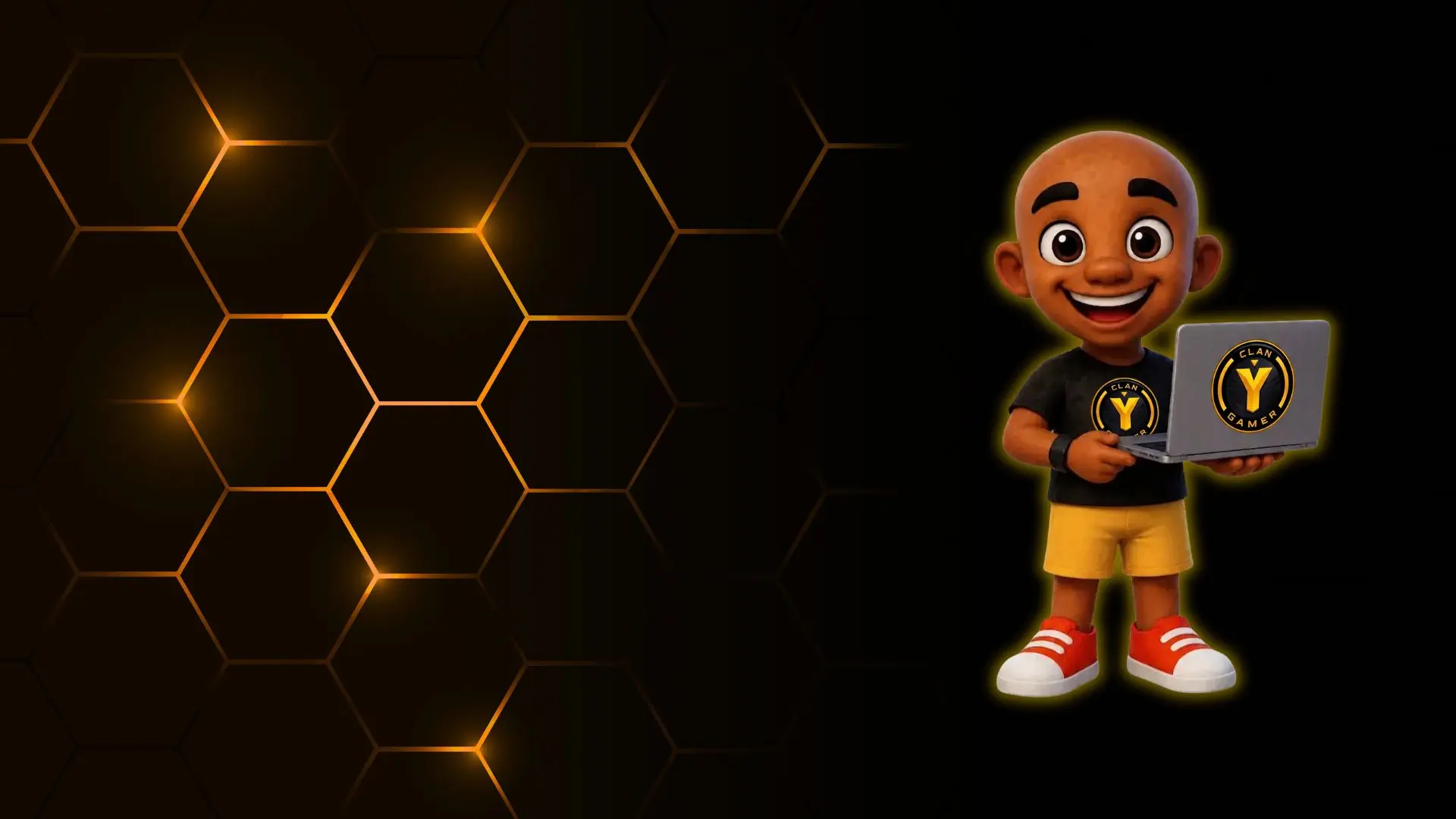 Mascote 3D da CLAN Y GAMER segurando um notebook com a logo Y, representando o serviço de conserto de notebooks em Manaus.