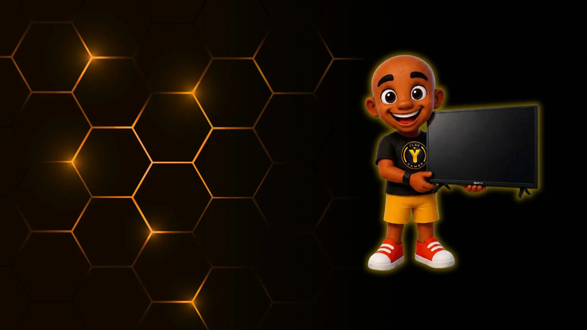 Mascote 3D da CLAN Y GAMER segurando uma Smart TV, representando a assistência técnica de televisores em Manaus.