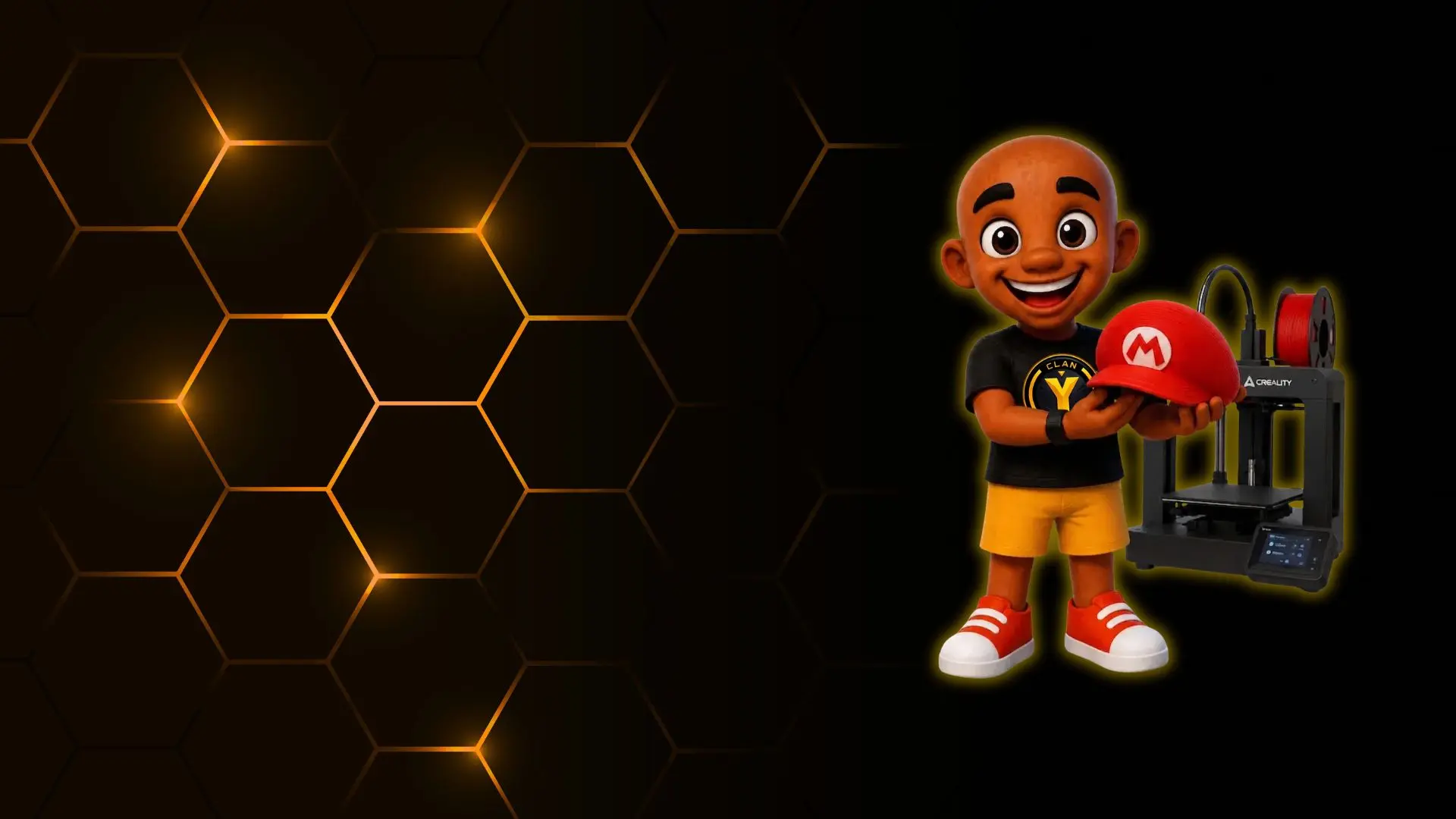 Mascote 3D da CLAN Y GAMER ao lado de uma impressora 3D Creality segurando uma peça impressa, ilustrando o serviço de impressão 3D em Manaus.